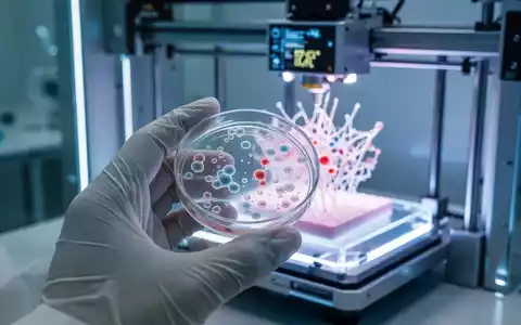 Nahaufnahme einer Hand, die eine Petrischale mit Stammzellen in einem Forschungslabor hält, im Hintergrund ein 3D-Biodrucker. - Foto: über boerse-global.de