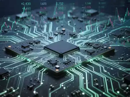 Nahaufnahme einer High-Tech-Leiterplatte für eine Grafikkarte mit leuchtenden Komponenten und subtilen digitalen Datenüberlagerungen. - Foto: über boerse-global.de
