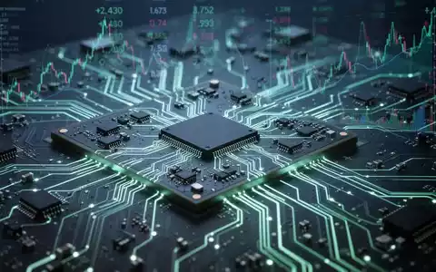 Nahaufnahme einer High-Tech-Leiterplatte für eine Grafikkarte mit leuchtenden Komponenten und subtilen digitalen Datenüberlagerungen. - Foto: über boerse-global.de