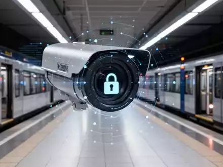 Eine hochtechnologische Überwachungskamera mit digitaler Datenüberlagerung blickt auf einen modernen U-Bahnsteig in Berlin. - Foto: über boerse-global.de