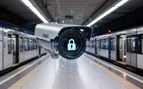 Eine hochtechnologische Überwachungskamera mit digitaler Datenüberlagerung blickt auf einen modernen U-Bahnsteig in Berlin. - Foto: über boerse-global.de