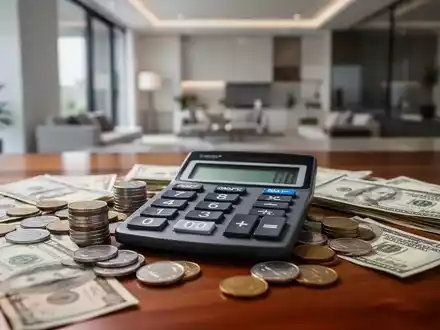 Ein Taschenrechner zeigt Zahlen, umgeben von Münzen und Scheinen, auf einem Holztisch, im Hintergrund ein unscharfes Zuhause. - Foto: über boerse-global.de