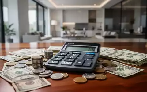 Ein Taschenrechner zeigt Zahlen, umgeben von Münzen und Scheinen, auf einem Holztisch, im Hintergrund ein unscharfes Zuhause. - Foto: über boerse-global.de