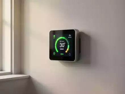 Ein modernes Smart-Home-Thermostat an einer Wand zeigt niedrigen Energieverbrauch an, mit weichem Licht und einer Pflanze im Hintergrund. - Foto: über boerse-global.de