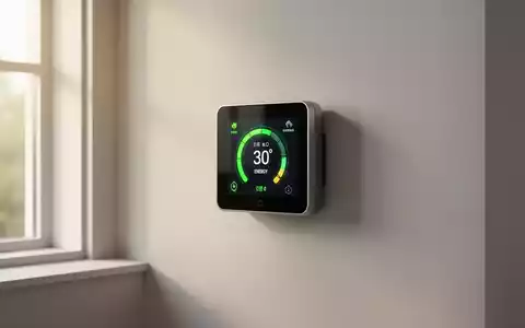 Ein modernes Smart-Home-Thermostat an einer Wand zeigt niedrigen Energieverbrauch an, mit weichem Licht und einer Pflanze im Hintergrund. - Foto: über boerse-global.de