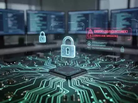 Nahaufnahme einer leuchtenden Platine mit digitalen Sicherheitssymbolen, die sichere Boot-Probleme bei älteren PCs symbolisieren. - Foto: über boerse-global.de