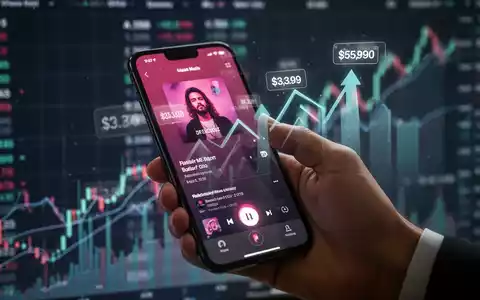 Eine Hand hält ein Smartphone mit einer Musik-App, subtilen digitalen Preisschildern und Aufwärtspfeilen vor verschwommenem Finanzhintergrund. - Foto: über boerse-global.de