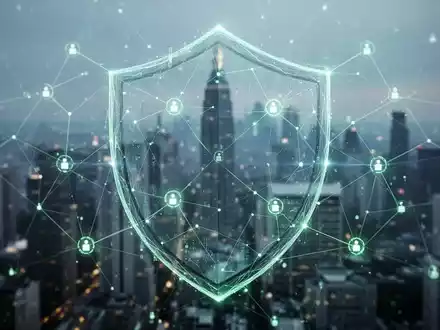 Abstrakte Darstellung von Datenschutz und Compliance mit leuchtenden Datenlinien, die ein Schutzschild über einer Stadt bilden. - Foto: über boerse-global.de