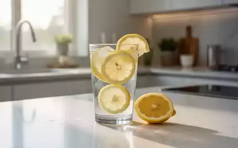 Ein Glas Zitronenwasser mit Zitronenscheiben auf einer Küchentheke, beleuchtet von sanftem Morgenlicht. - Foto: über boerse-global.de