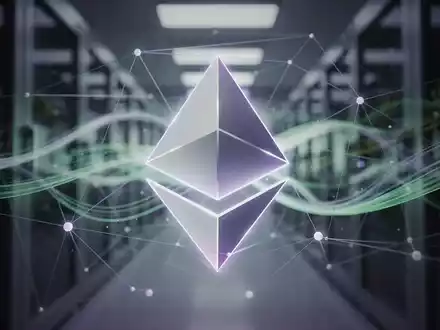 Ein stilisiertes, leuchtendes Ethereum-Logo, eingebettet in ein Netzwerk aus Linien und Knoten, mit einem unscharfen Rechenzentrum im Hintergrund. - Foto: über boerse-global.de