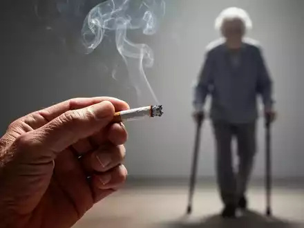 Nahaufnahme einer Hand, die eine Zigarette hĂ€lt, mit Rauch, der aufsteigt. Im Hintergrund unscharf eine Ă€ltere Person mit Stock. - Foto: ĂŒber boerse-global.de
