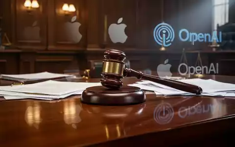Ein Hammer liegt auf juristischen Dokumenten, mit dezenten Spiegelungen der Apple- und OpenAI-Logos, die einen Technologieprozess symbolisieren. - Foto: über boerse-global.de