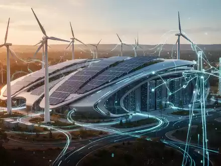 Futuristisches, grünes Rechenzentrum in Australien mit Solarpaneelen und Windturbinen, leuchtende Linien verbinden es mit einem Stromnetz. - Foto: über boerse-global.de