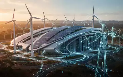 Futuristisches, grünes Rechenzentrum in Australien mit Solarpaneelen und Windturbinen, leuchtende Linien verbinden es mit einem Stromnetz. - Foto: über boerse-global.de