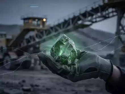 Eine Hand hält ein leuchtendes Seltenerdmineral vor dem Hintergrund von Bergbauausrüstung und einem digitalen Risikografen. - Foto: über boerse-global.de