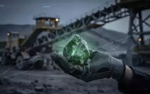 Eine Hand hält ein leuchtendes Seltenerdmineral vor dem Hintergrund von Bergbauausrüstung und einem digitalen Risikografen. - Foto: über boerse-global.de