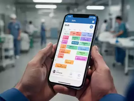 Nahaufnahme eines Smartphones, das eine Schichtkalender-App anzeigt, gehalten von Händen in einem Arbeitsumfeld. - Foto: über boerse-global.de