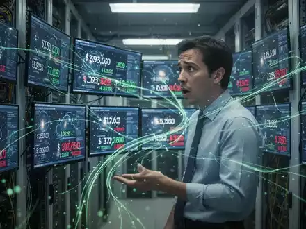 Ein verwirrter IT-Profi in einem Serverraum betrachtet Bildschirme mit astronomischen, falschen Cloud-Abrechnungszahlen. - Foto: über boerse-global.de