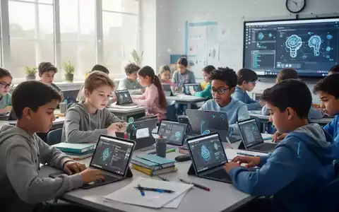Junge Schüler in einem modernen Klassenzimmer nutzen Tablets und Laptops, um digitale Inhalte und KI zu lernen. - Foto: über boerse-global.de