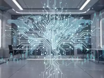 Leuchtendes, komplexes neuronales Netzwerkdesign, das KI symbolisiert, mit subtilen Finanzdaten-Overlays vor futuristischem Tech-Hintergrund. - Foto: über boerse-global.de