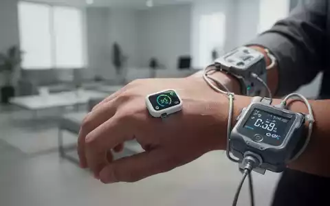 Nahaufnahme einer Hand mit einem Glukose-Monitor und einer Insulinpumpe, unscharfer Hintergrund eines modernen Raumes. - Foto: über boerse-global.de
