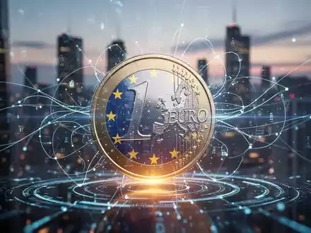 Ein stilisierter, leuchtender digitaler Euro mit EU-Flaggenmotiv, umgeben von digitalen Linien und Datenflüssen vor einer Finanzkulisse. - Foto: über boerse-global.de