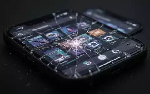 Nahaufnahme eines Smartphones mit stark zersprungenem Bildschirm, verzerrte und glitchartige digitale Anzeige. - Foto: über boerse-global.de