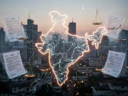 Eine leuchtende, stilisierte neuronale Netzwerkgrafik über einer Umrisskarte Indiens, die digitale Regulierung und Innovation darstellt. - Foto: über boerse-global.de
