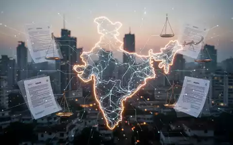 Eine leuchtende, stilisierte neuronale Netzwerkgrafik über einer Umrisskarte Indiens, die digitale Regulierung und Innovation darstellt. - Foto: über boerse-global.de