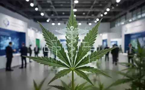 Ein stilisiertes Cannabisblatt mit medizinischen Symbolen vor dem unscharfen Hintergrund einer modernen Messehalle. - Foto: über boerse-global.de