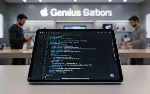 Ein Tablet-Bildschirm mit KI-generiertem Text, unscharfer Hintergrund einer Apple Genius Bar-Interaktion zwischen Kunde und Techniker. - Foto: über boerse-global.de