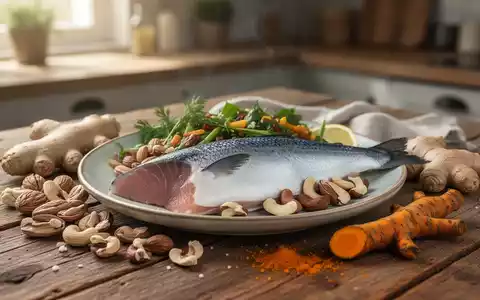 Eine Nahaufnahme eines gesunden Gerichts mit fettem Fisch, Nüssen, Ingwer und Kurkuma auf einem Holztisch, beleuchtet von weichem Licht. - Foto: über boerse-global.de