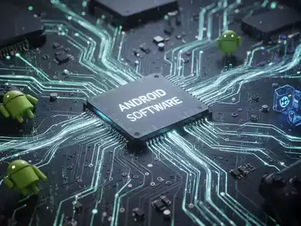 Stilisierte, leuchtende Platine für Android-Emulator-Updates mit digitalen Datenströmen. - Foto: über boerse-global.de