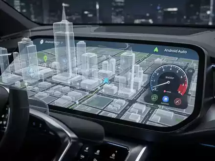 Futuristisches Auto-Armaturenbrett mit detaillierter 3D-Google-Maps-Oberfläche auf Android Auto und live Tachometer. - Foto: über boerse-global.de