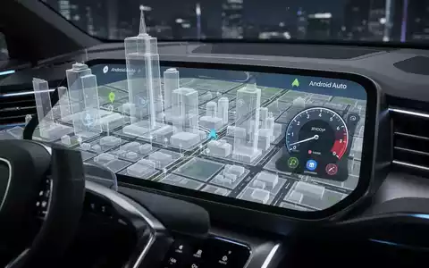 Futuristisches Auto-Armaturenbrett mit detaillierter 3D-Google-Maps-Oberfläche auf Android Auto und live Tachometer. - Foto: über boerse-global.de