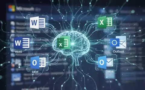Futuristische KI-Oberfläche mit leuchtend blauen und grünen Linien, die Symbole von Microsoft-Office-Anwendungen wie Word, Excel und Outlook verbinden. - Foto: über boerse-global.de