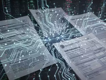 Digitale Datenströme und Schaltkreise überlagern sich mit deutschen Steuerformularen und juristischen Dokumenten, symbolisierend neue Steuergesetze und Digitalisierung. - Foto: über boerse-global.de
