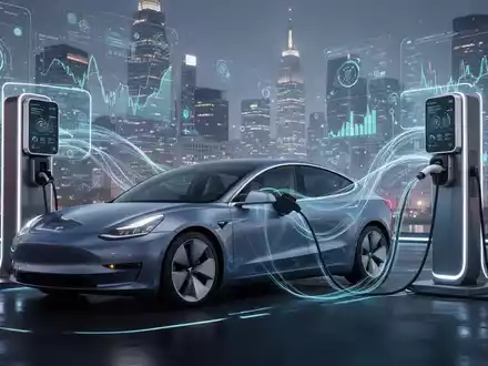 Ein modernes Elektroauto lädt an einer futuristischen Ladestation, mit Daten- und Energienetz-Visualisierungen im Hintergrund. - Foto: über boerse-global.de