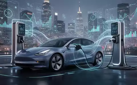 Ein modernes Elektroauto lädt an einer futuristischen Ladestation, mit Daten- und Energienetz-Visualisierungen im Hintergrund. - Foto: über boerse-global.de