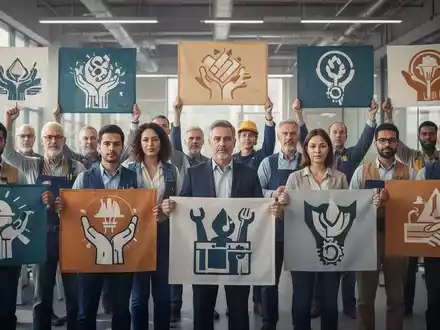 Eine Gruppe von Menschen, die Vielfalt der Arbeitswelt repräsentierend, steht vereint mit stilisierten Symbolen der Gewerkschaftsarbeit. - Foto: über boerse-global.de