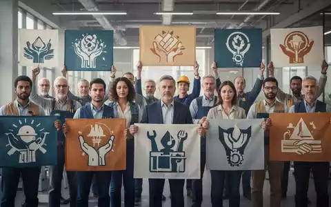 Eine Gruppe von Menschen, die Vielfalt der Arbeitswelt repräsentierend, steht vereint mit stilisierten Symbolen der Gewerkschaftsarbeit. - Foto: über boerse-global.de