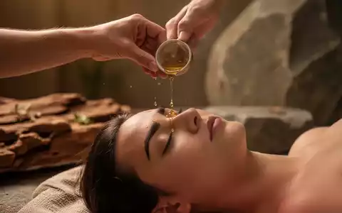Eine Hand gießt warmes Öl in einer Shirodhara-Behandlung auf die Stirn, symbolisch für ayurvedische Schlafverbesserung. - Foto: über boerse-global.de