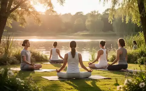 Eine Gruppe von Menschen praktiziert Yoga oder Meditation in einer ruhigen, natürlichen Umgebung, umgeben von sanftem Sonnenlicht. - Foto: über boerse-global.de