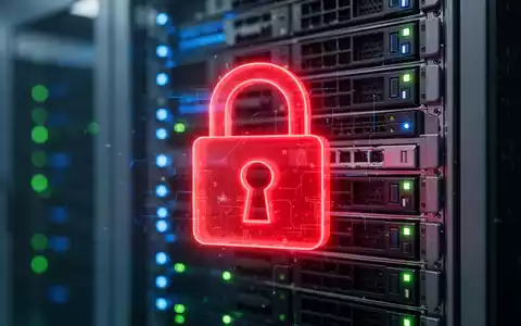 Leuchtend rotes Schloss-Symbol über verschwommenem Hintergrund eines modernen Server-Racks mit blauen und grünen Lichtern. - Foto: über boerse-global.de