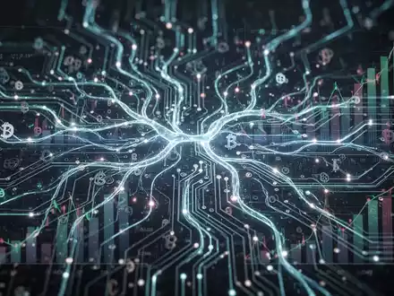 Leuchtendes, komplexes neuronales Netzwerk mit Datenströmen, überlagert mit subtilen Finanzdiagrammen und digitalen Währungssymbolen, symbolisiert KI-Integration im Geschäftswesen. - Foto: über boerse-global.de