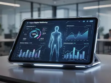 Schlankes digitales Dashboard mit KI-Nutzungsmetriken und Wohlfühlfunktionen auf einem futuristischen Tablet, mit dezenter menschlicher Spiegelung. - Foto: über boerse-global.de