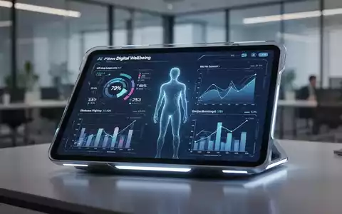 Schlankes digitales Dashboard mit KI-Nutzungsmetriken und Wohlfühlfunktionen auf einem futuristischen Tablet, mit dezenter menschlicher Spiegelung. - Foto: über boerse-global.de