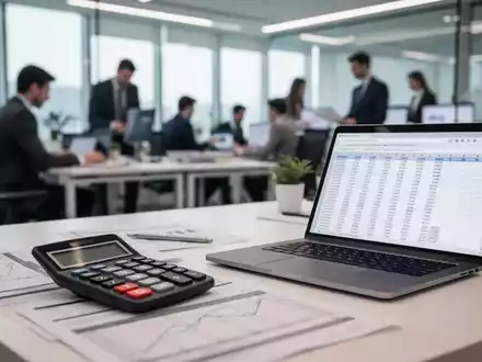 Ein geschĂ€ftiges BĂŒro mit verschwommenen Mitarbeitern, im Vordergrund ein Schreibtisch mit Taschenrechner, Dokumenten und Laptop mit Finanzdaten. - Foto: ĂŒber boerse-global.de