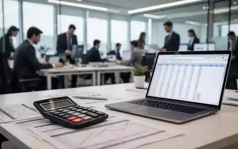 Ein geschäftiges Büro mit verschwommenen Mitarbeitern, im Vordergrund ein Schreibtisch mit Taschenrechner, Dokumenten und Laptop mit Finanzdaten. - Foto: über boerse-global.de