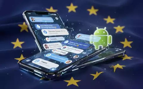 Smartphone-Bildschirm mit KI-Chat-OberflĂ€chen, EU-Flagge im Hintergrund, Symbol fĂŒr digitale Marktregulierung - Foto: ĂŒber boerse-global.de